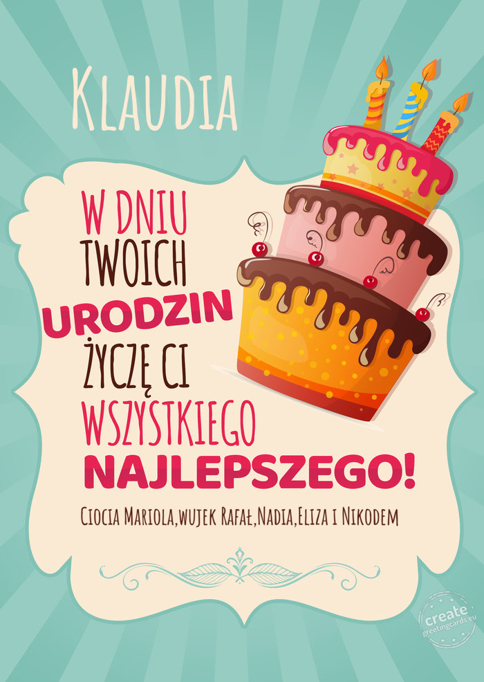 Klaudia, w dniu Twoich urodzin życzę Ci wszystkiego najlepszego. Ciocia Mariola,wujek Rafał,Nadia
