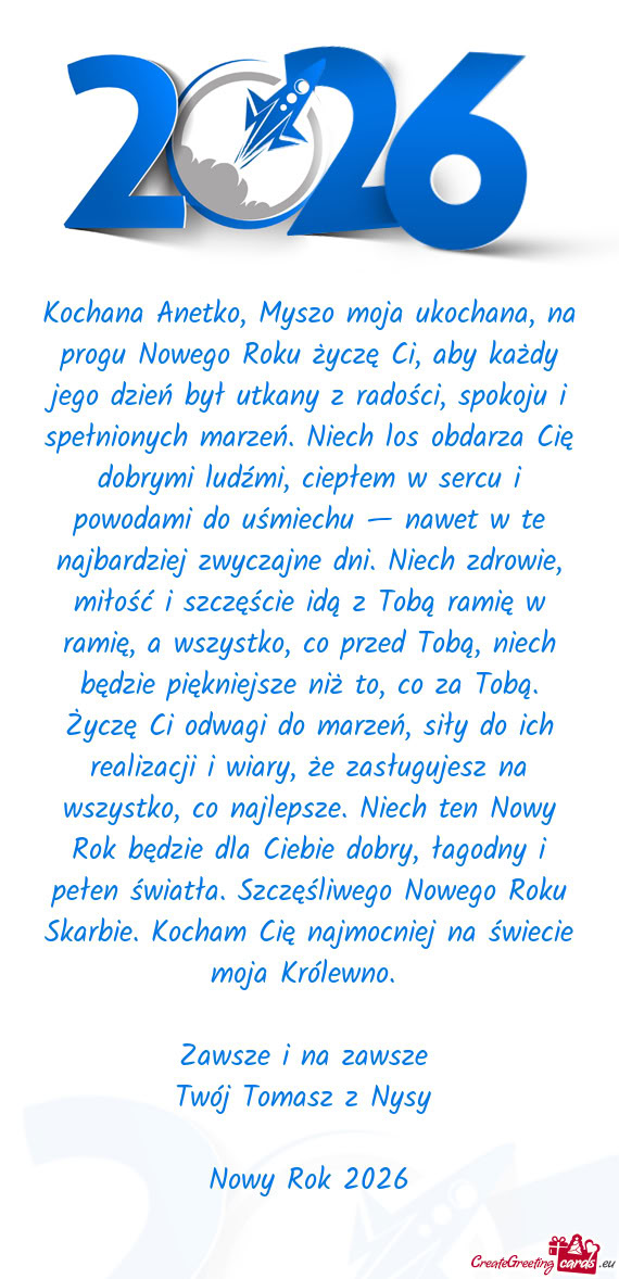 Kochana Anetko, Myszo moja ukochana, na progu Nowego Roku życzę Ci, aby każdy jego dzień był ut