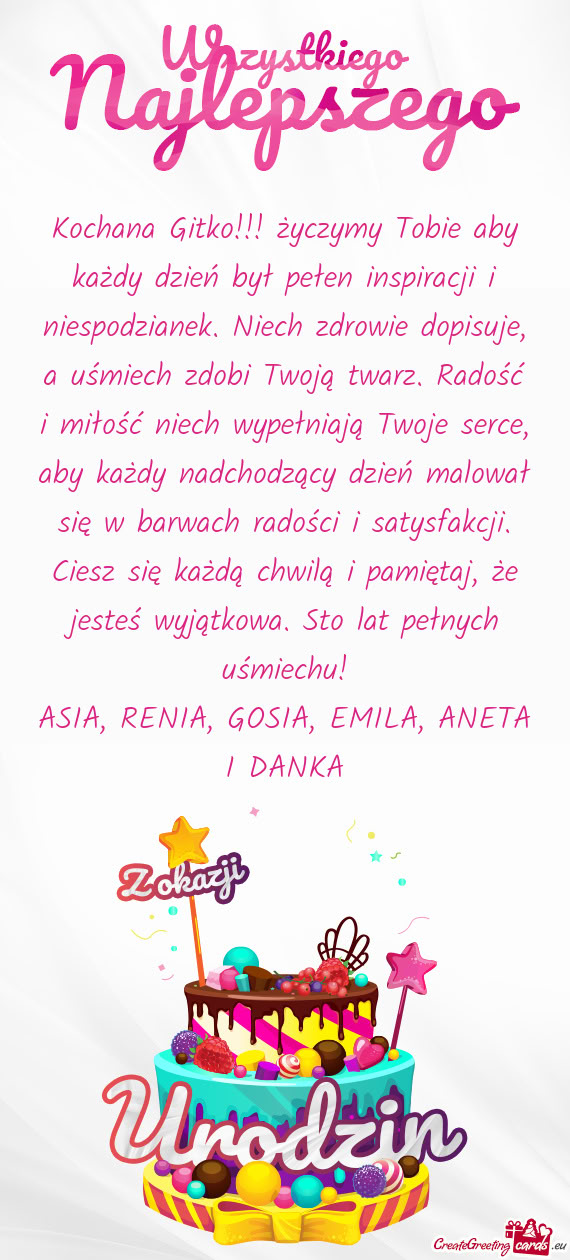 Kochana Gitko!!! życzymy Tobie aby każdy dzień był pełen inspiracji i niespodzianek. Niech zdro