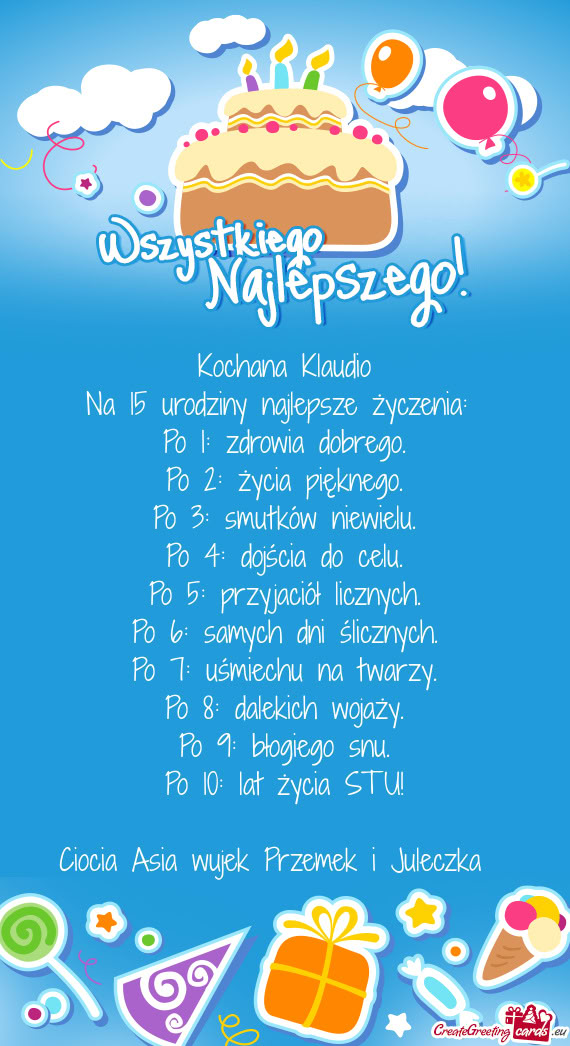 Kochana Klaudio Na 15 urodziny najlepsze życzenia