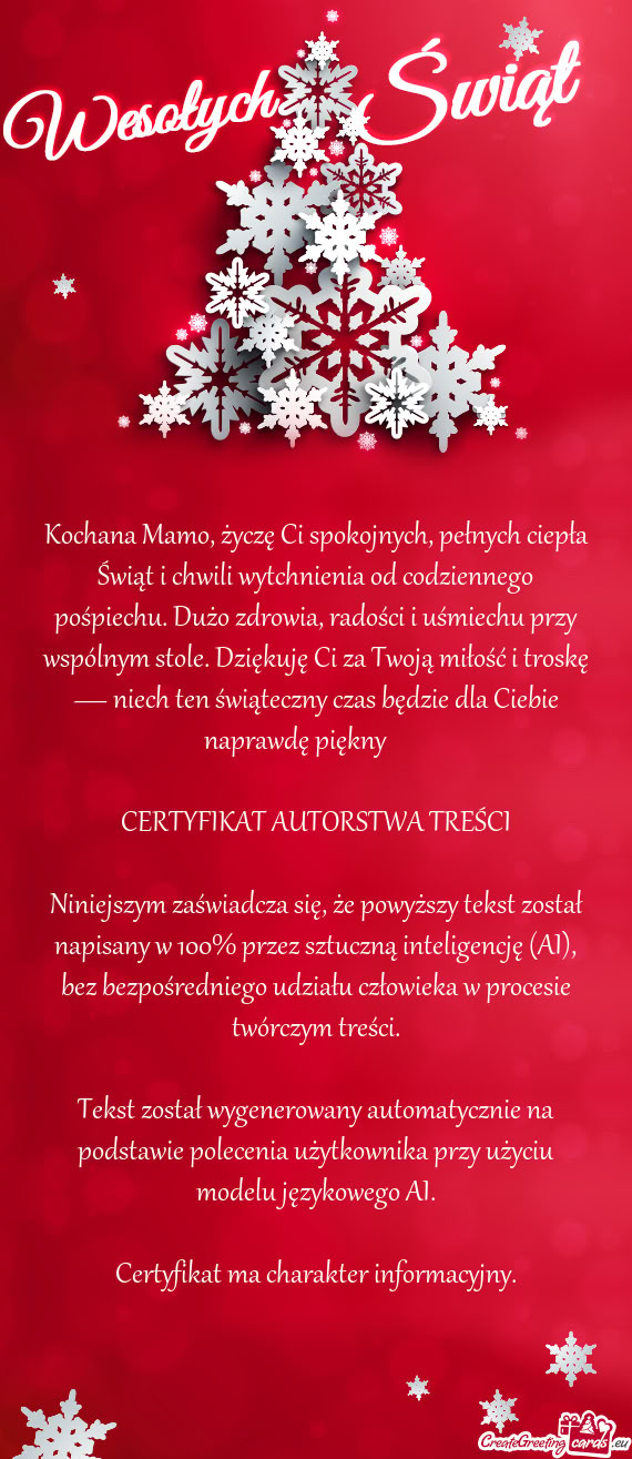 Kochana Mamo, życzę Ci spokojnych, pełnych ciepła Świąt i chwili wytchnienia od codziennego po