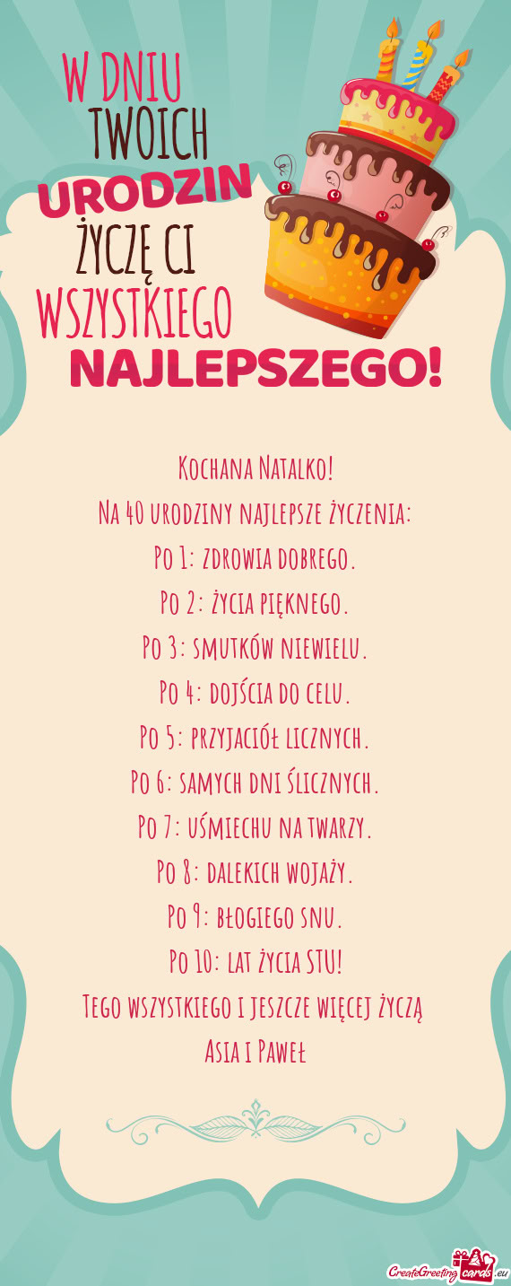 Kochana Natalko! Na 40 urodziny najlepsze życzenia