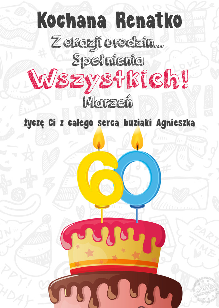 Kochana Renatko Kartka z okazji 60 urodzin, życzę Ci z całego serca buziaki Agnieszka