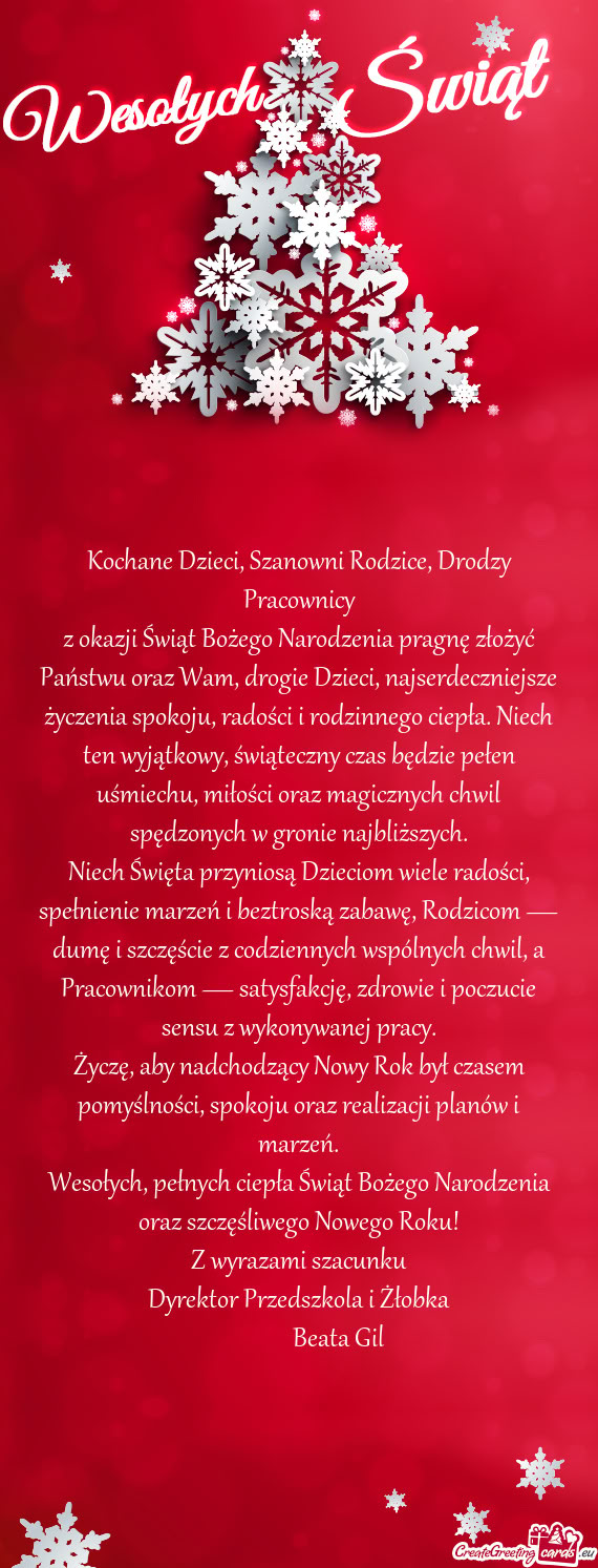 Kochane Dzieci, Szanowni Rodzice, Drodzy Pracownicy