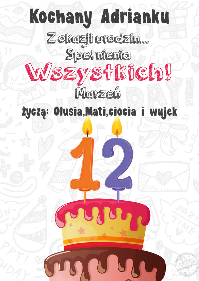 Kochany Adrianku Kartka z okazji 12 urodzin, życzą: Olusia,Mati,ciocia i wujek