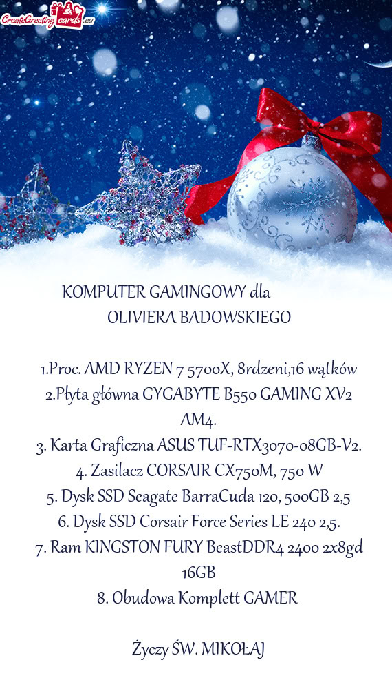 KOMPUTER GAMINGOWY dla     OLIVIERA BADOWSKIEGO