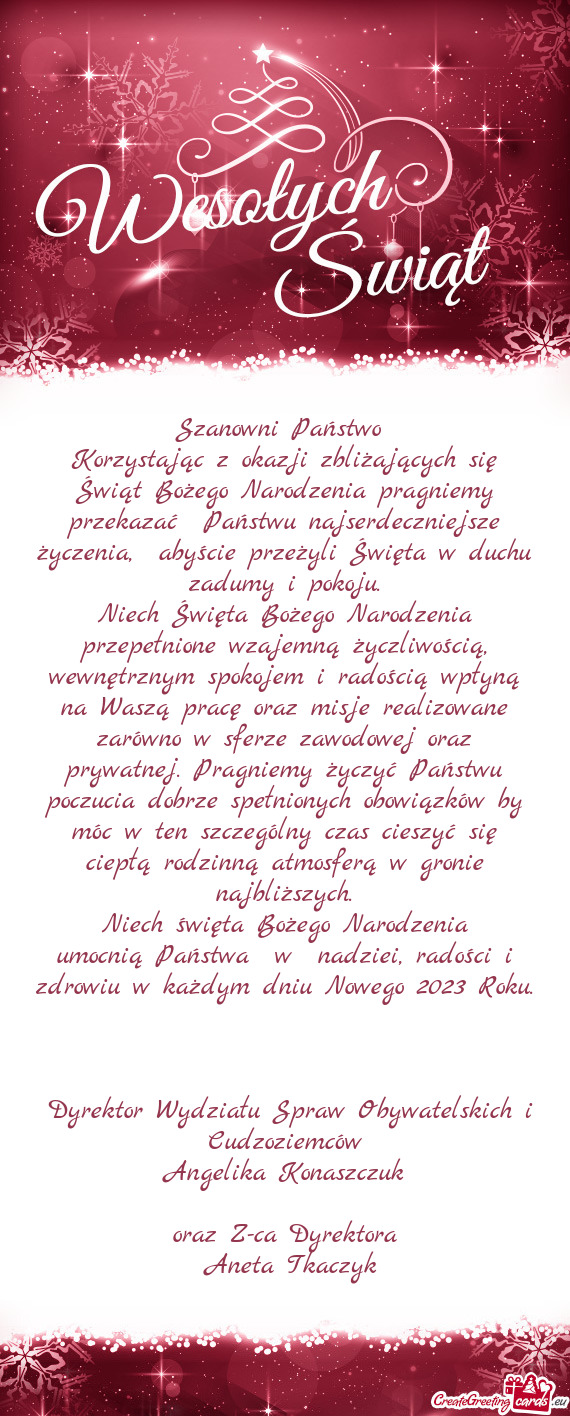 Korzystając z okazji zbliżających się Świąt Bożego Narodzenia pragniemy przekazać Państwu