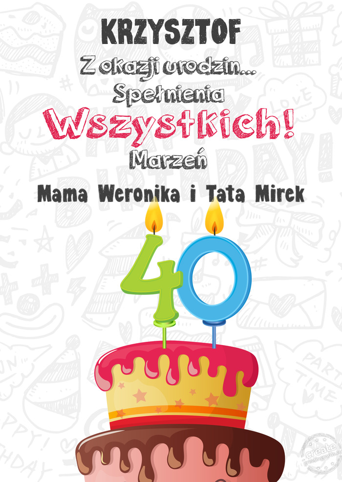 KRZYSZTOF Kartka z okazji 40 urodzin, Mama Weronika i Tata Mirek
