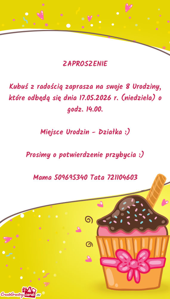 Kubuś z radością zaprasza na swoje 8 Urodziny, które odbędą się dnia 17.05.2026 r. (niedziela