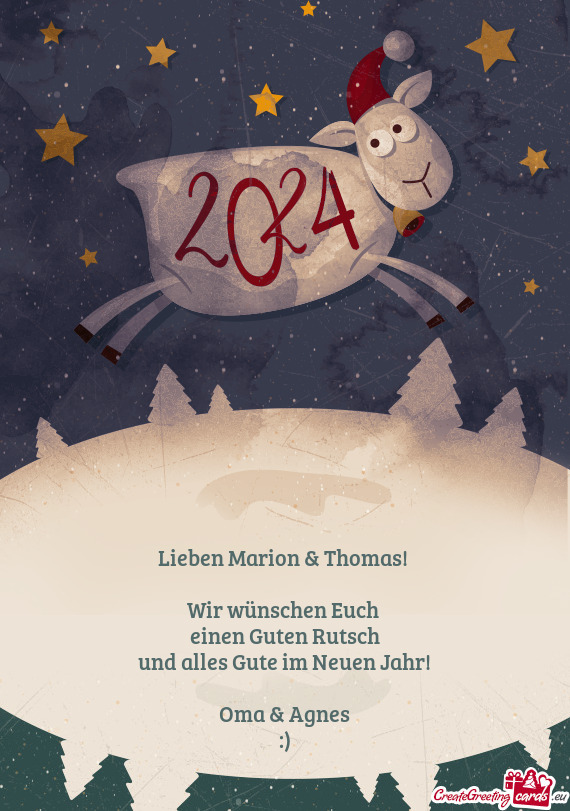 Lieben Marion & Thomas! 
 
 Wir wünschen Euch 
 einen Guten Rutsch
 und alles Gute im Neuen Jahr