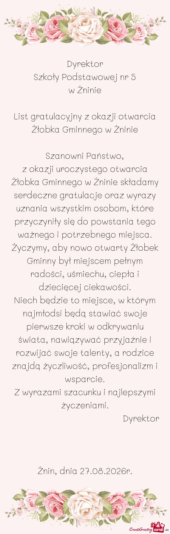 List gratulacyjny z okazji otwarcia