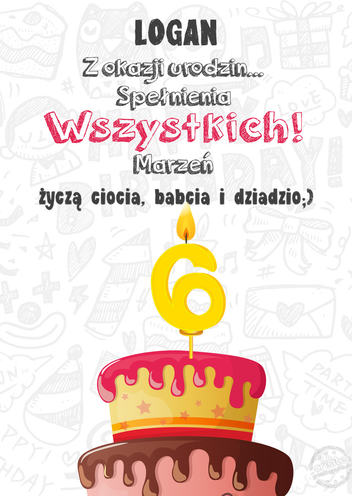 LOGAN Kartka z okazji 6 urodzin, życzą ciocia, babcia i dziadzio;)