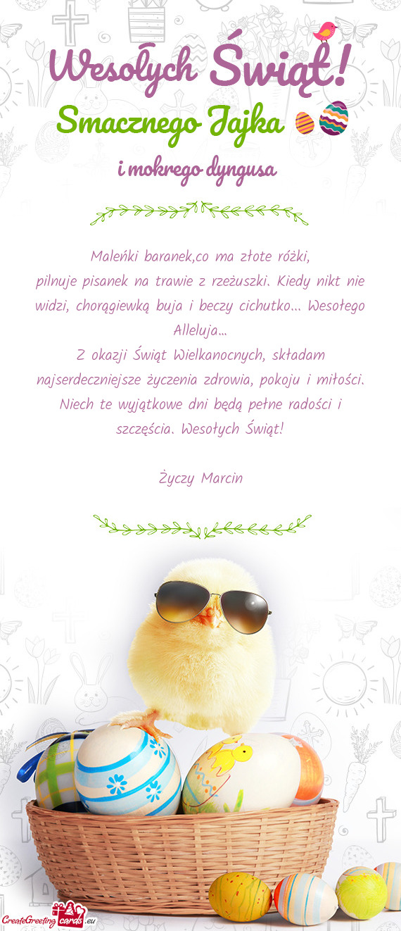 Maleńki baranek,co ma złote różki,  pilnuje pisanek na trawie z