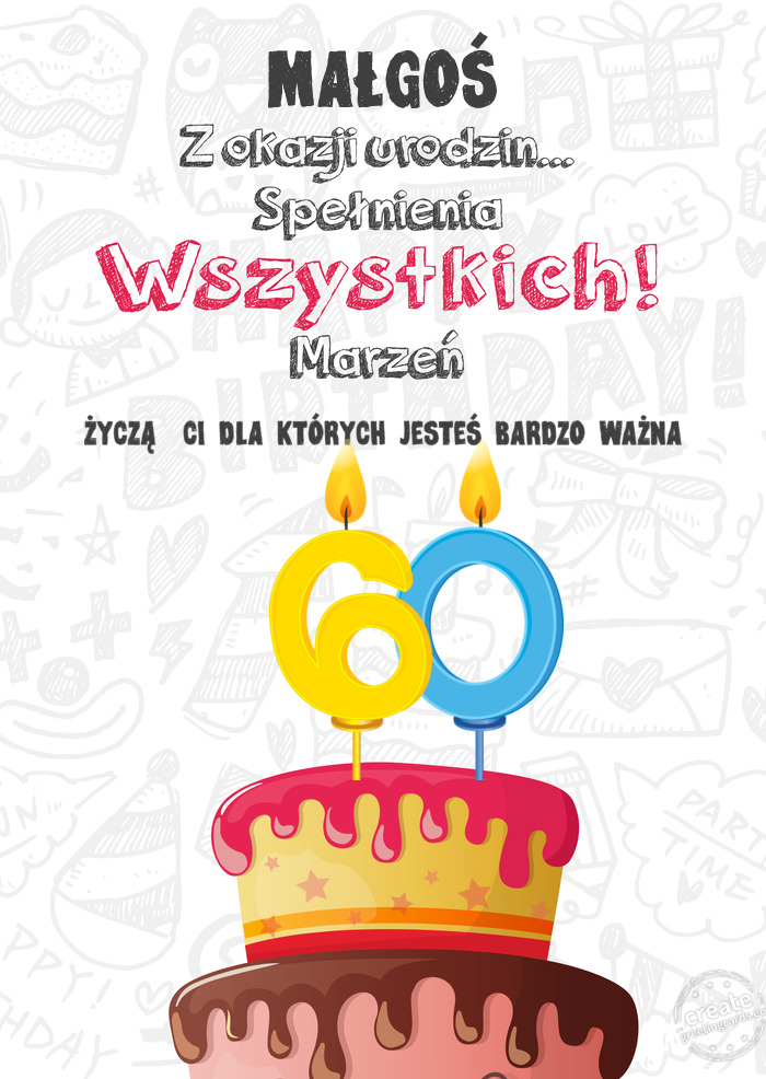 MAŁGOŚ Kartka z okazji 60 urodzin, ŻYCZĄ CI DLA KTÓRYCH JESTEŚ BARDZO WAŻNA