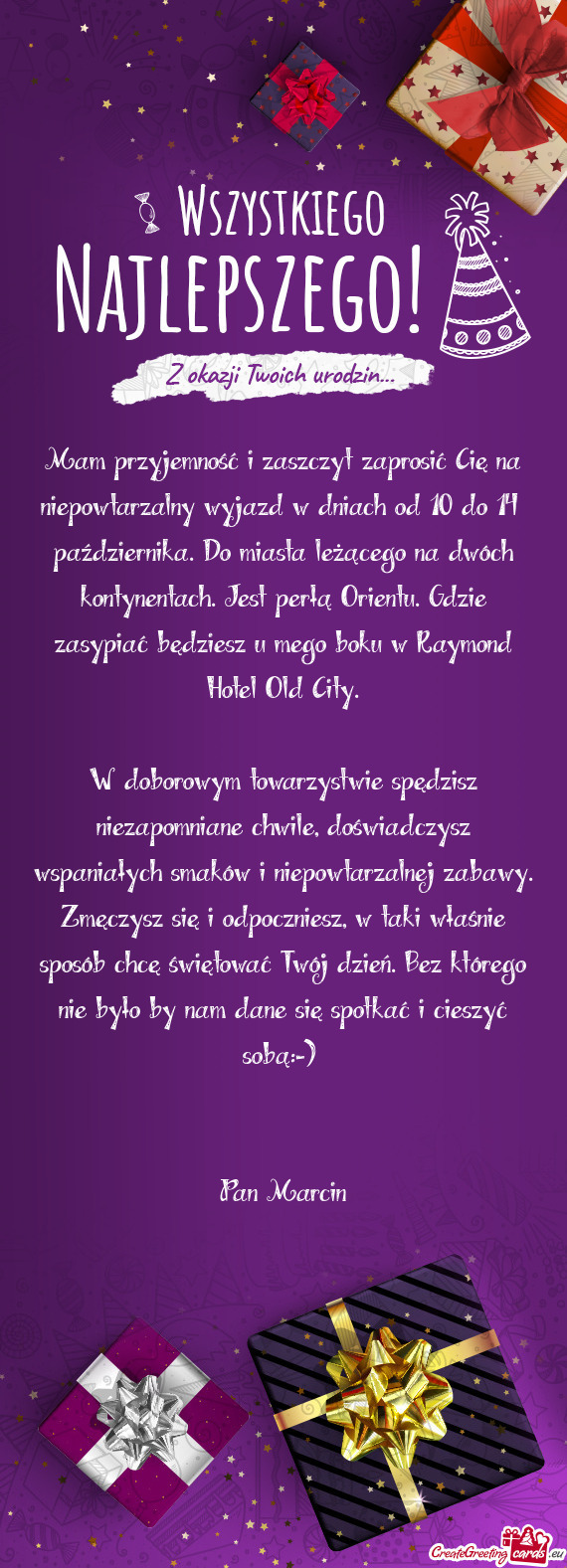 Mam przyjemność i zaszczyt zaprosić Cię na niepowtarzalny wyjazd w dniach od 10 do 14 paździer