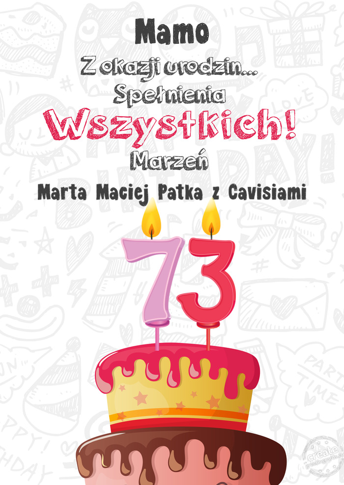 Mamo Kartka z okazji 73 urodzin, Marta Maciej Patka z Cavisiami