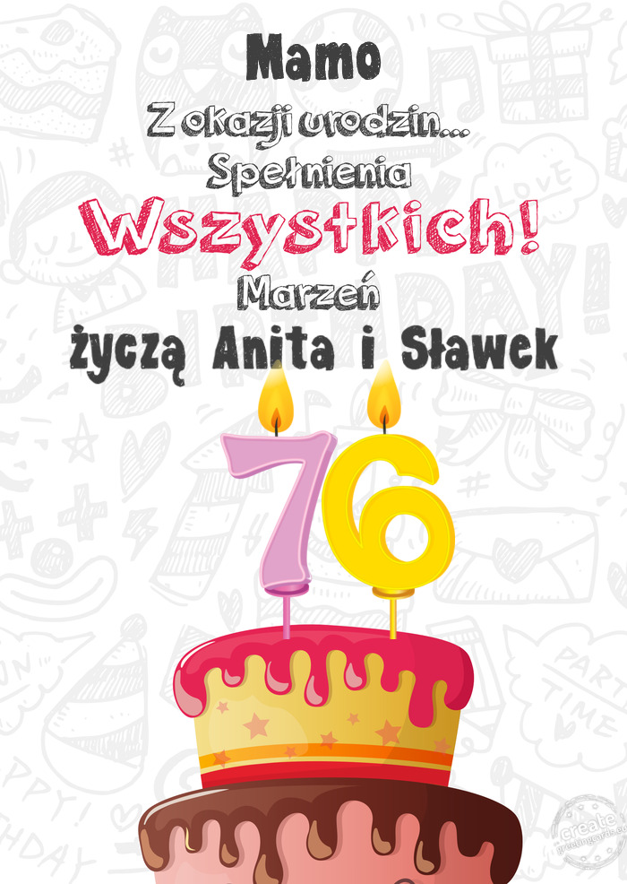 Mamo Kartka z okazji 76 urodzin, życzą Anita i Sławek