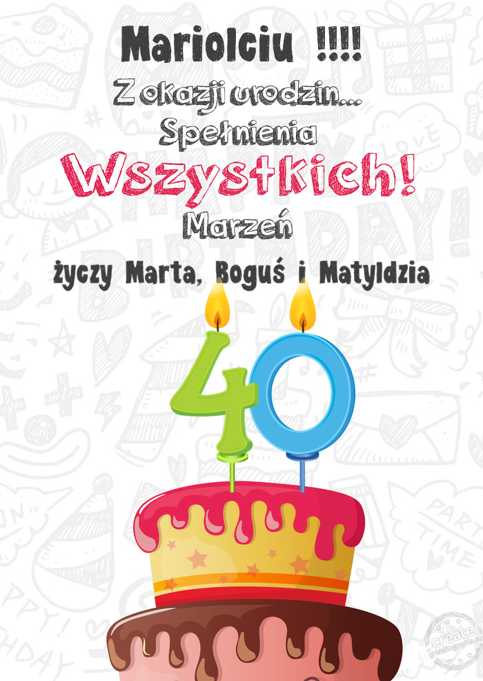 Mariolciu !!!! Kartka z okazji 40 urodzin, Marta, Boguś i Matyldzia