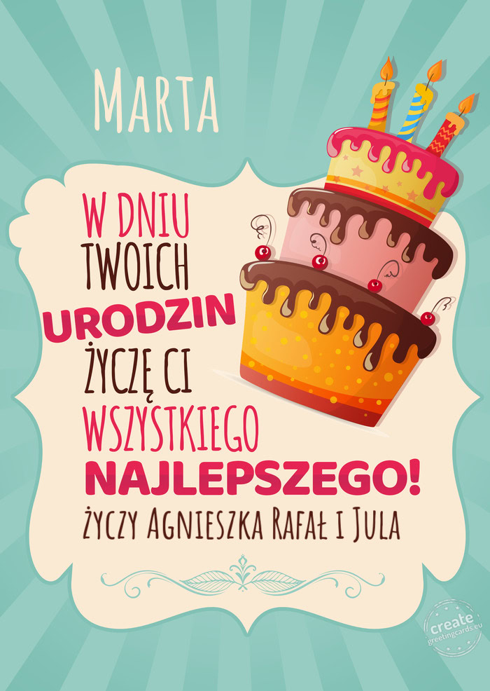 Marta, w dniu Twoich urodzin życzę Ci wszystkiego najlepszego. Agnieszka Rafał i Jula