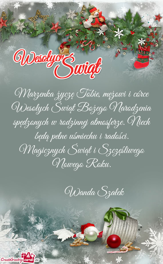 Marzenka życzę Tobie, mężowi i córce Wesołych Świąt Bożego Narodzenia spędzonych w rodzinn