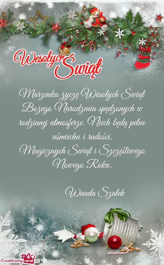 Marzenka życzę Wesołych Świąt Bożego Narodzenia spędzonych w rodzinnej atmosferze. Niech będ