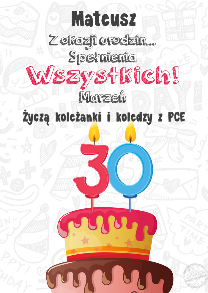 Mateusz Kartka z okazji 30 urodzin, Życzą koleżanki i koledzy z PCE