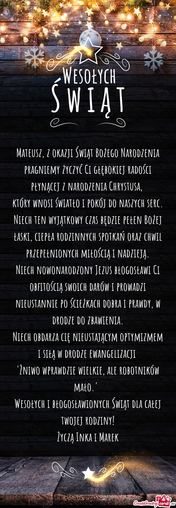 Mateusz, z okazji Świąt Bożego Narodzenia pragniemy życzyć Ci głębokiej radości płynącej z