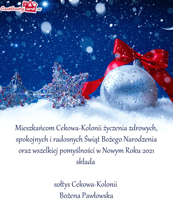 Mieszkańcom Cekowa-Kolonii życzenia zdrowych, spokojnych i radosnych Świąt Bożego Narodzenia or