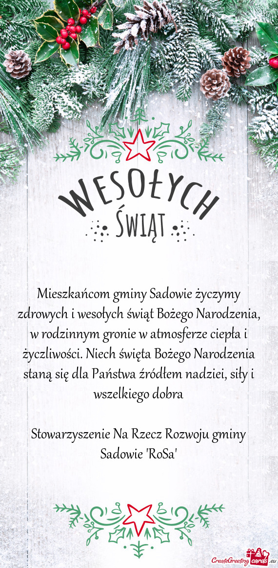 Mieszkańcom gminy Sadowie życzymy zdrowych i wesołych świąt Bożego Narodzenia, w rodzinnym gro