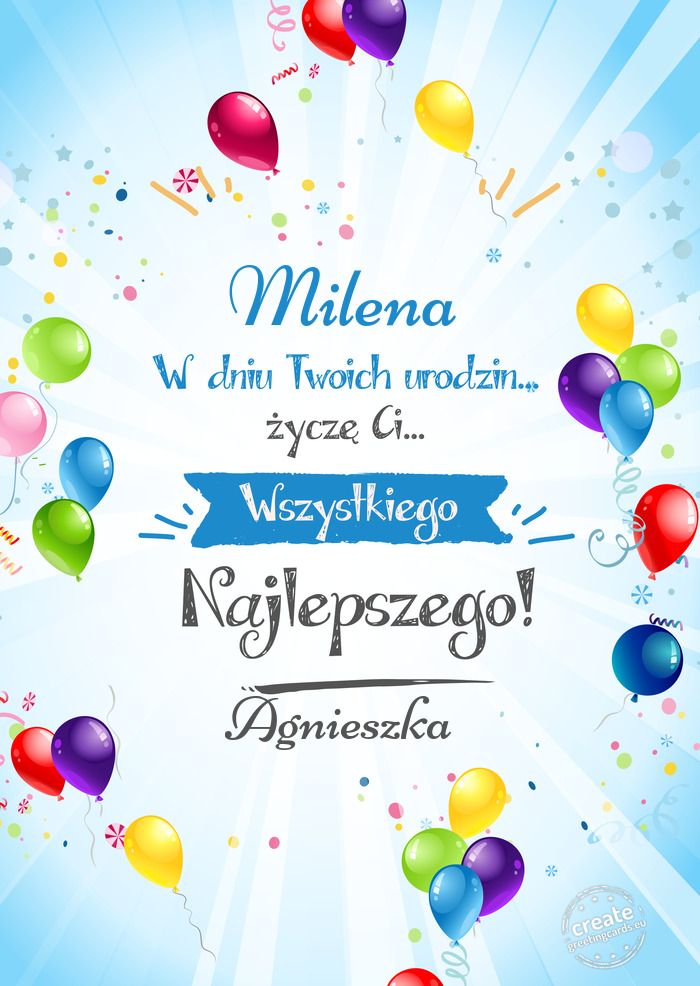 Milena, w dniu Twoich urodzin życzę Ci wszystkiego najlepszego