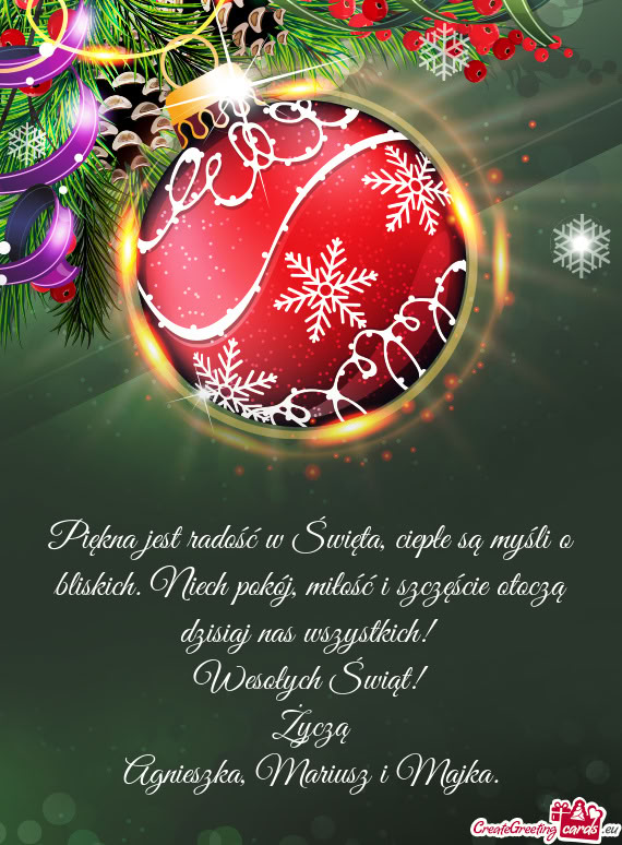 Miłość i szczęście otoczą dzisiaj nas wszystkich! Wesołych Świąt! Życzą Agnieszka