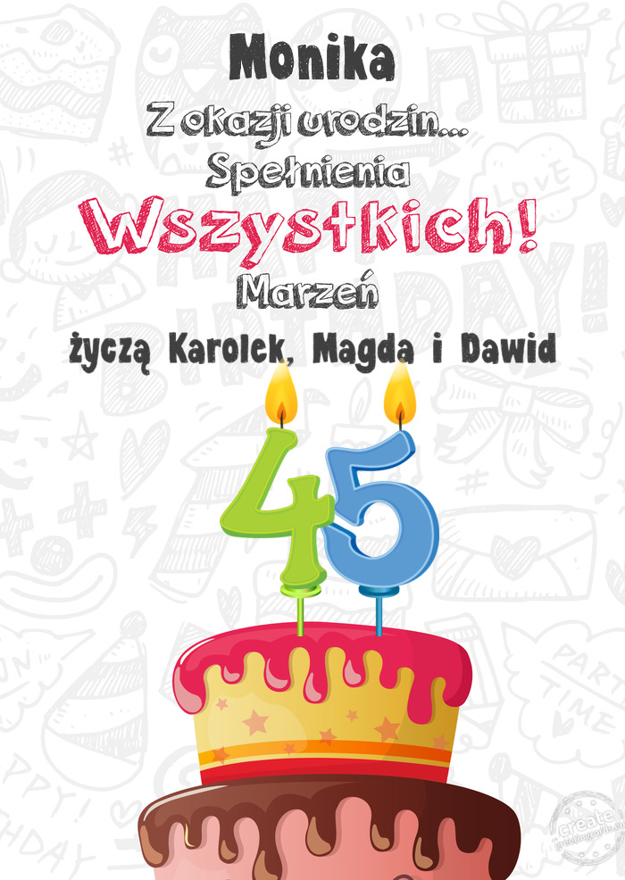 Monika Kartka z okazji 45 urodzin, życzą Karolek, Magda i Dawid