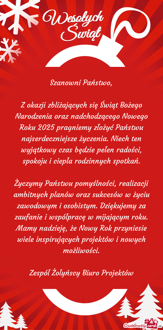 My złożyć Państwu najserdeczniejsze życzenia. Niech ten wyjątkowy czas będzie pełen radości