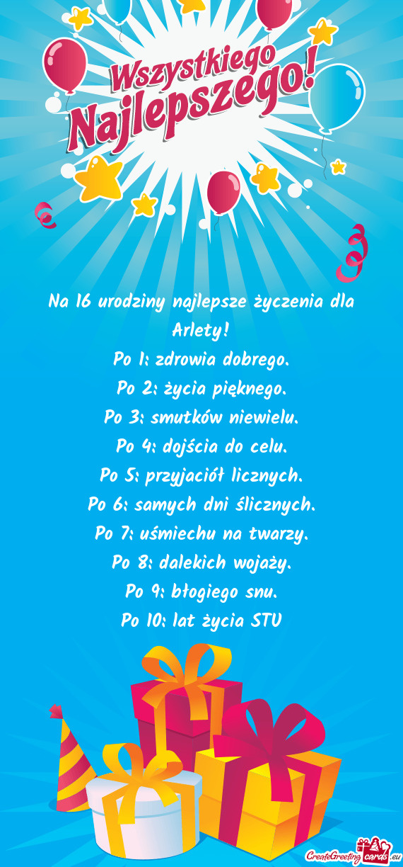 Na 16 urodziny najlepsze życzenia dla Arlety