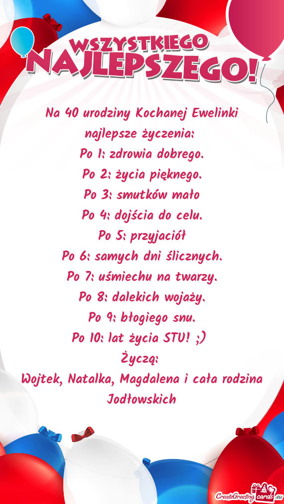 Na 40 urodziny Kochanej Ewelinki najlepsze życzenia