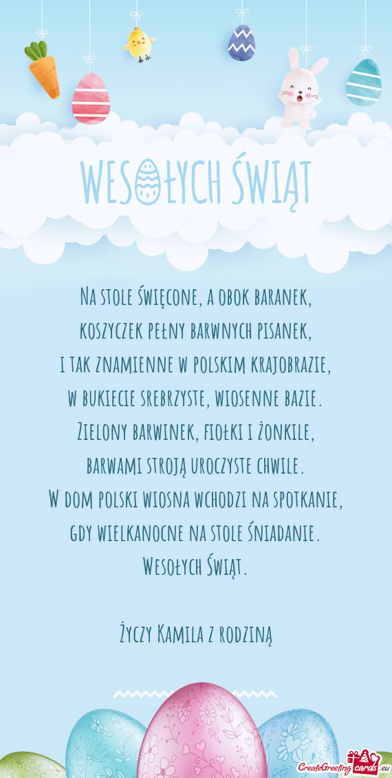 Na stole święcone, a obok baranek,  koszyczek pełny barwnych pisanek,  i