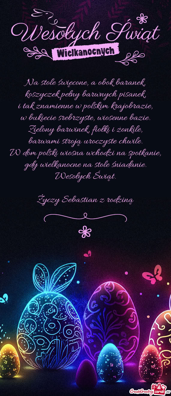 Na stole święcone, a obok baranek,  koszyczek pełny barwnych pisanek,  i