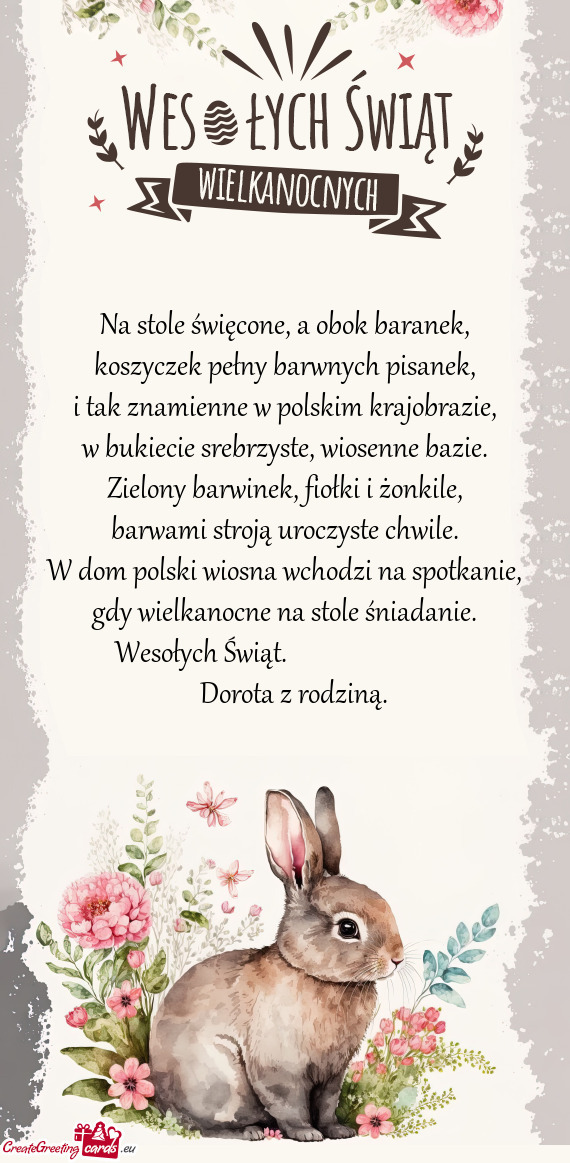 Na stole święcone, a obok baranek,  koszyczek pełny barwnych pisanek,  i