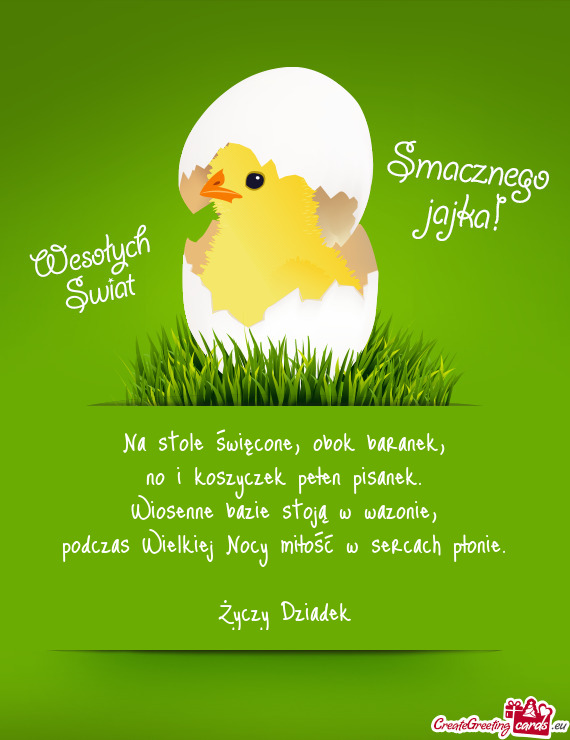 Na stole święcone, obok baranek,  no i koszyczek pełen pisanek.  Wiosenne