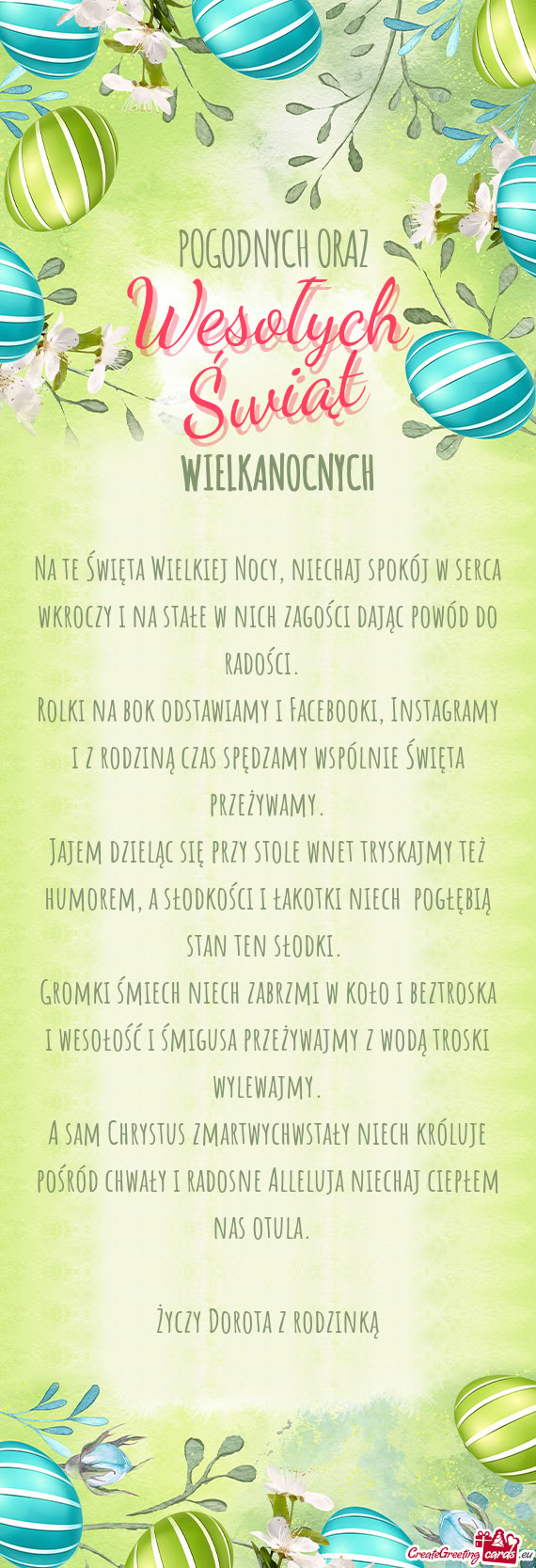 Na te Święta Wielkiej Nocy, niechaj spokój w serca wkroczy i na stałe w nich zagości dając pow