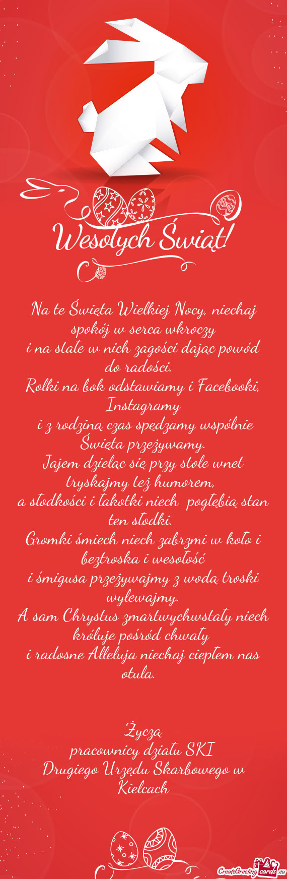 Na te Święta Wielkiej Nocy, niechaj spokój w serca wkroczy