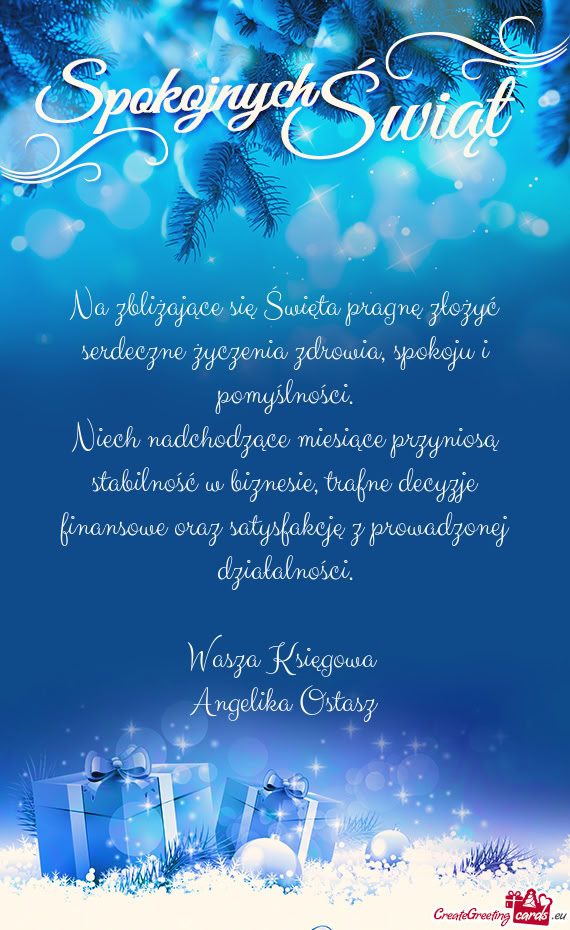 Na zbliżające się Święta pragnę złożyć serdeczne życzenia zdrowia, spokoju i pomyślności