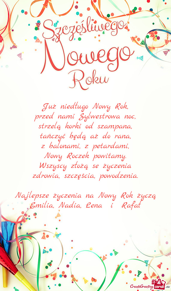 Najlepsze życzenia na Nowy Rok życzą Emilia, Nadia, Lena i Rafał