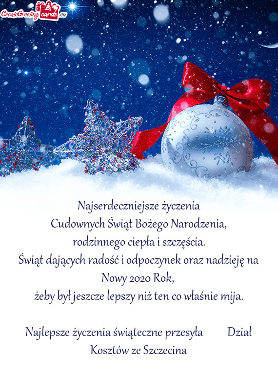 Najlepsze życzenia świąteczne przesyła   Dział Kosztów ze Szczecina