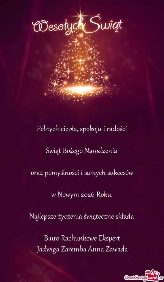 Najlepsze życzenia świąteczne składa Biuro Rachunkowe Ekspert Jadwiga Zaremba Anna Zawa