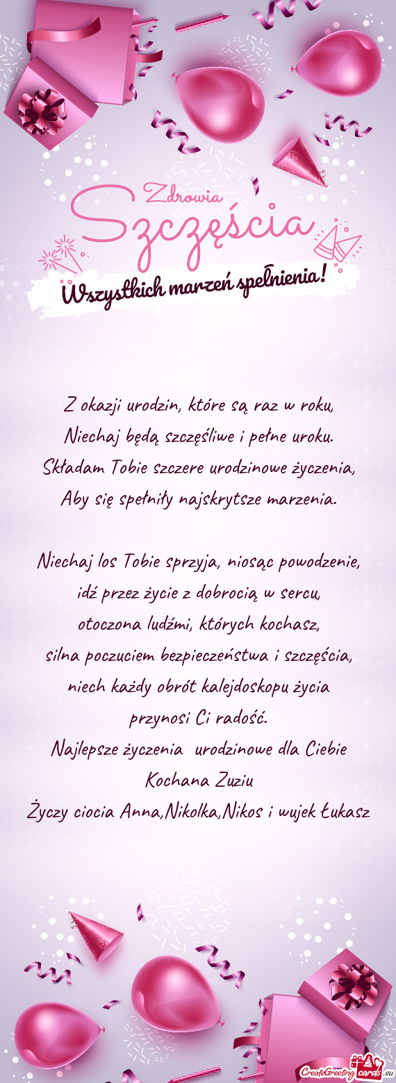 Najlepsze życzenia urodzinowe dla Ciebie Kochana Zuziu