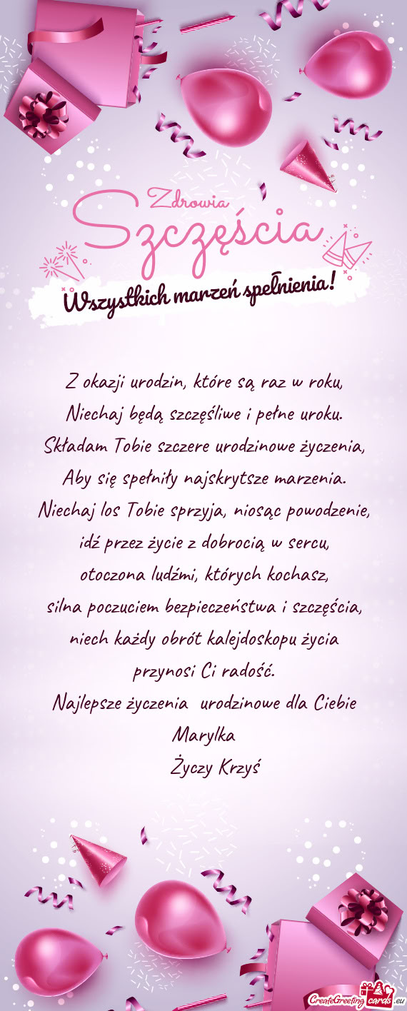 Najlepsze życzenia urodzinowe dla Ciebie Marylka  Krzyś