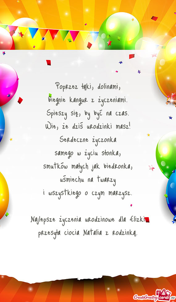 Najlepsze życzenia urodzinowe dla Elizki przesyła ciocia Natalia z rodzinką