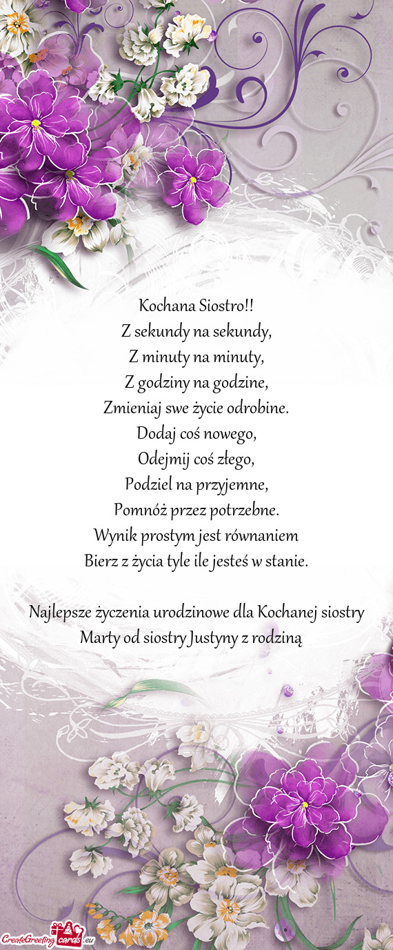 Najlepsze życzenia urodzinowe dla Kochanej siostry Marty od siostry Justyny z rodziną 😘