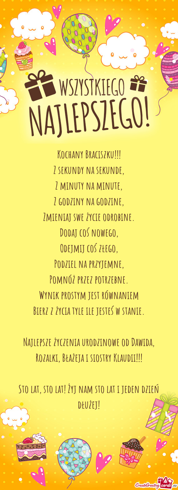 Najlepsze życzenia urodzinowe od Dawida, Rozalki, Błażeja i siostry Klaudii